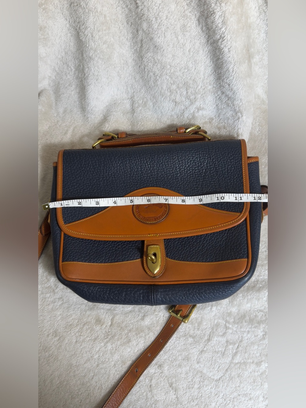 Vintage Dooney & Bourke AWL Cavalry Crossbody Shoulder Satchel Bag Navy Tan USA - Picture 8 of 16